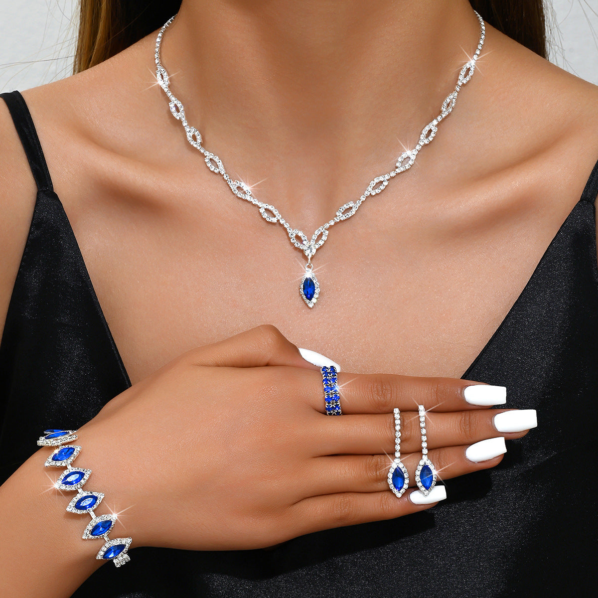 Blue Diamond Necklace Earrings Set Wedding Jewelry