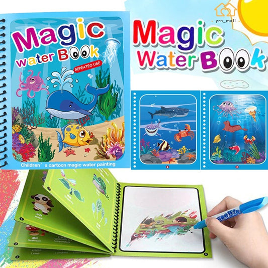 Magic Water Drawing Book + Water Pen – Reusable Kids Coloring Book