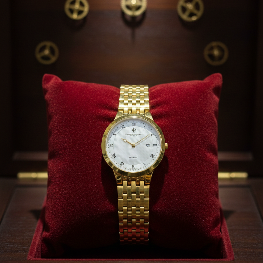 Gold-Plated Men's Quartz Watch – Date Display | Link Bracelet | Golden Dial