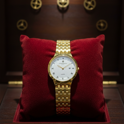 Gold-Plated Men's Quartz Watch – Date Display | Link Bracelet | Golden Dial