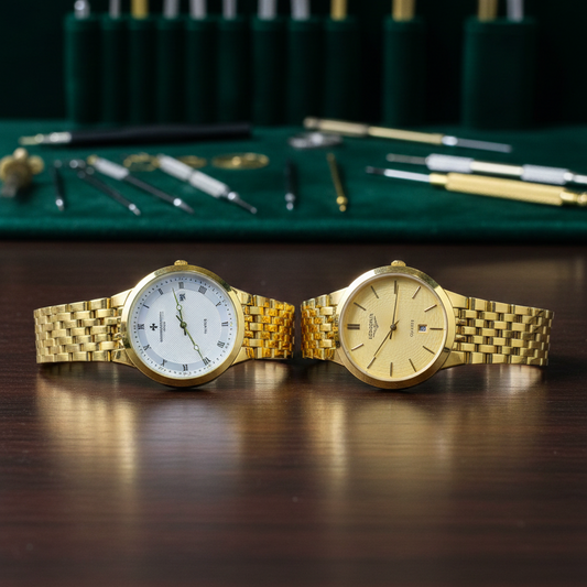 Gold-Plated Men's Quartz Watch – Date Display | Link Bracelet | Golden Dial