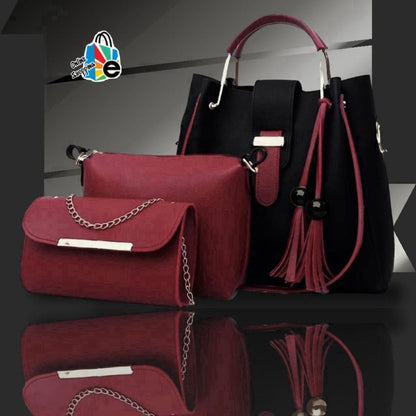 Women’s 3-Piece Rexine Handbag Set – Black & Maroon 👜