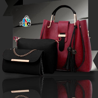 Women’s 3-Piece Rexine Handbag Set – Black & Maroon 👜