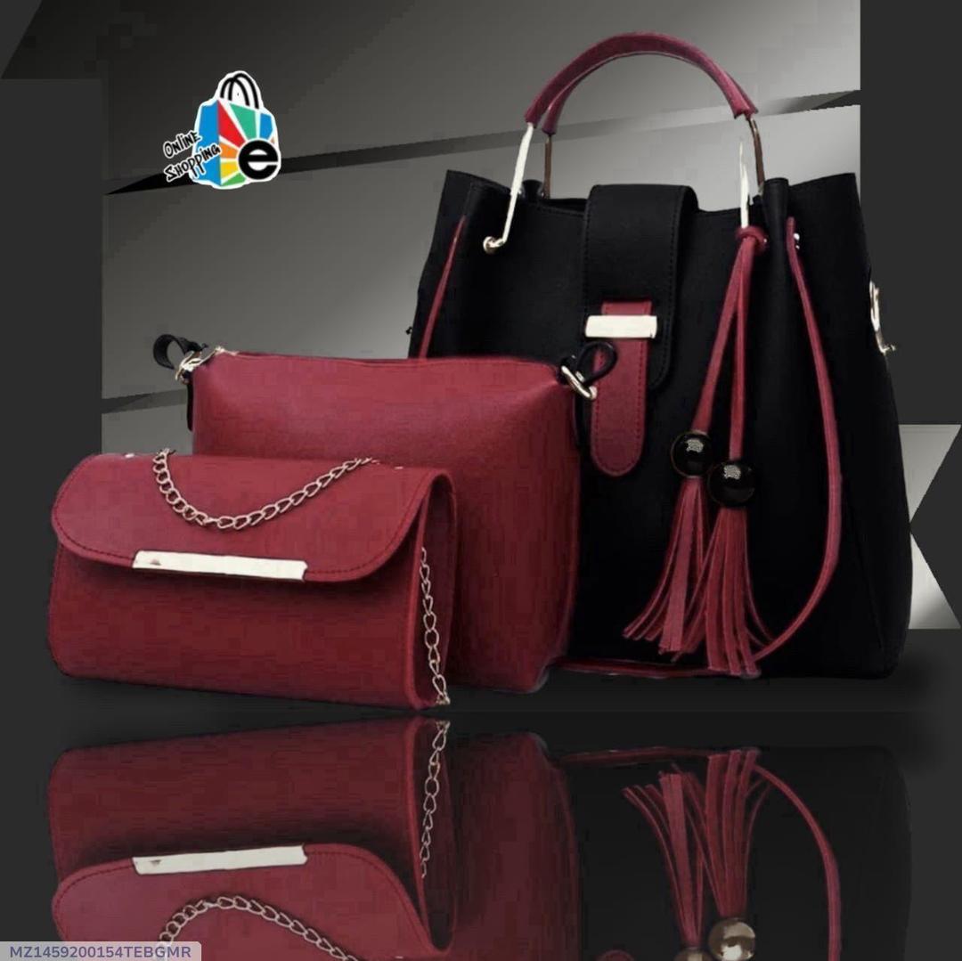 Women’s 3-Piece Rexine Handbag Set – Black & Maroon 👜