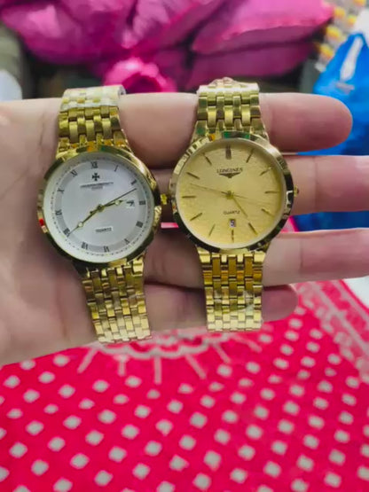 Gold-Plated Men's Quartz Watch – Date Display | Link Bracelet | Golden Dial